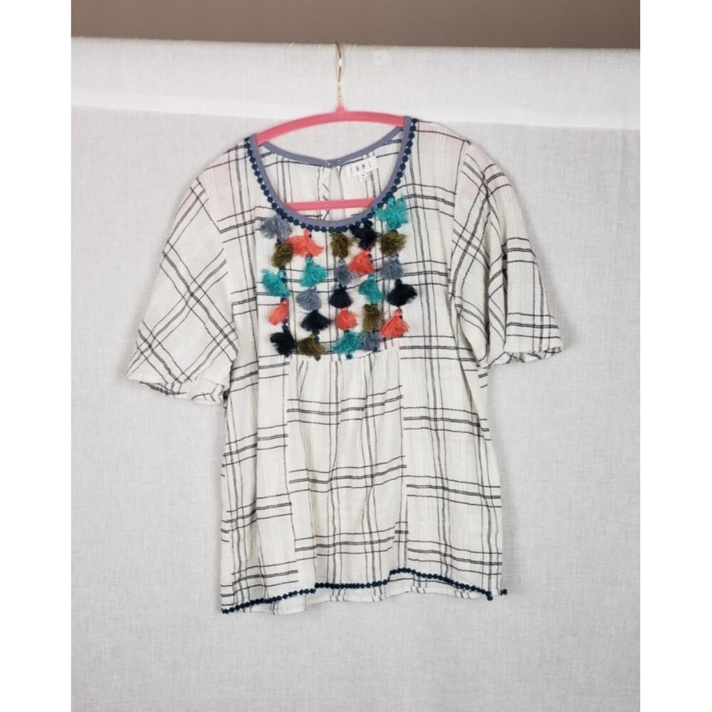 THML Blouse Top M Multicolor Tassle Bodice Check White Black 100%‎ Cotton Boho